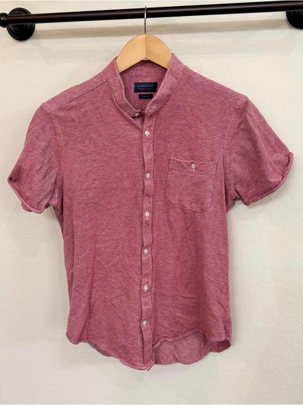 Zara Man Mandarin Collar Short Sleeve Slim Fit Shirt - Heathered Red/Coral Large
